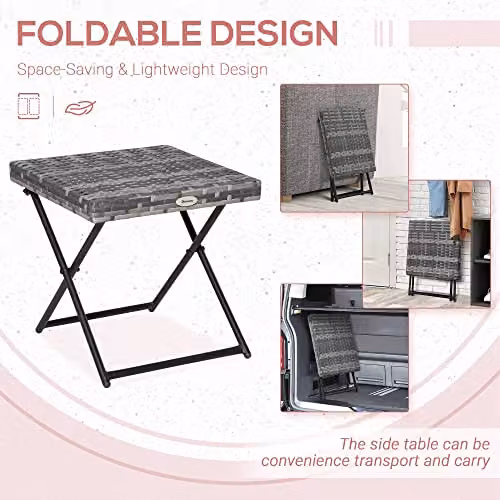 Outsunny Folding Rattan Garden Coffee Table with Metal Frame, Grey, W/D/H: 40 x 40 x 40 cm – 3