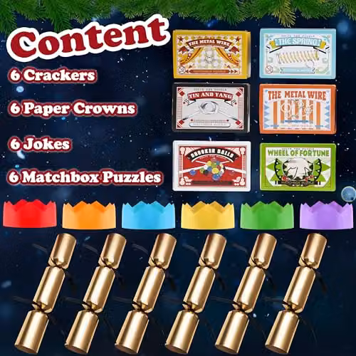 KreativeKraft Luxury Christmas Crackers, Pack of 6 Black and Multicolour Party Crackers with Jigsaw Puzzles – 6