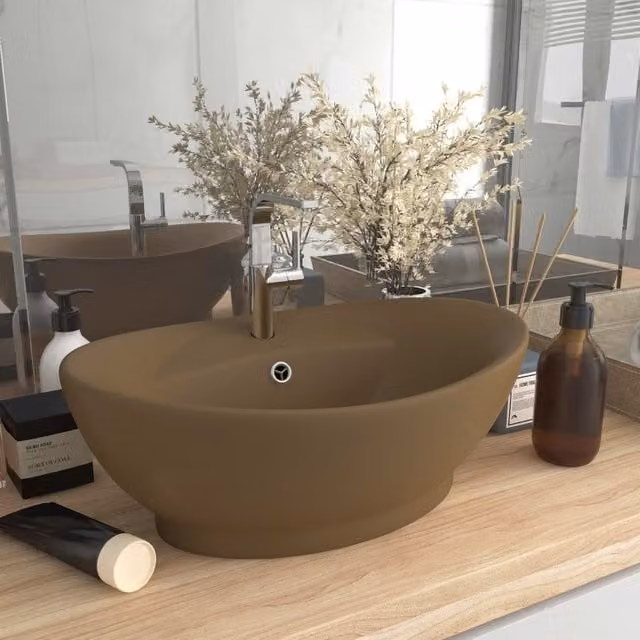 Berkfield Home Oval Ceramic Countertop Basin with Overflow in Matt Beige, W: 58.5 cm, D: 39 cm