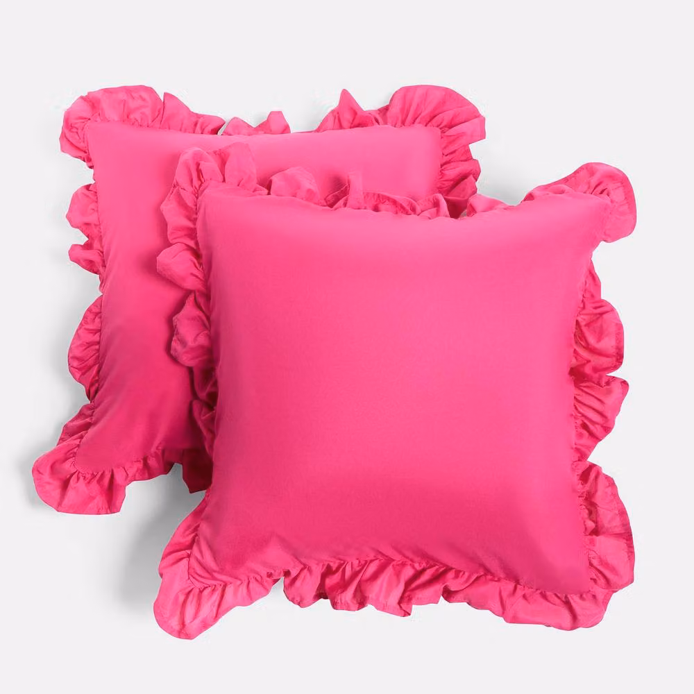 OHS Set of 2 Plain Faux Linen Frill Cushion Covers in Pink, W/D/H: 45 x 45 x 45 cm – 2
