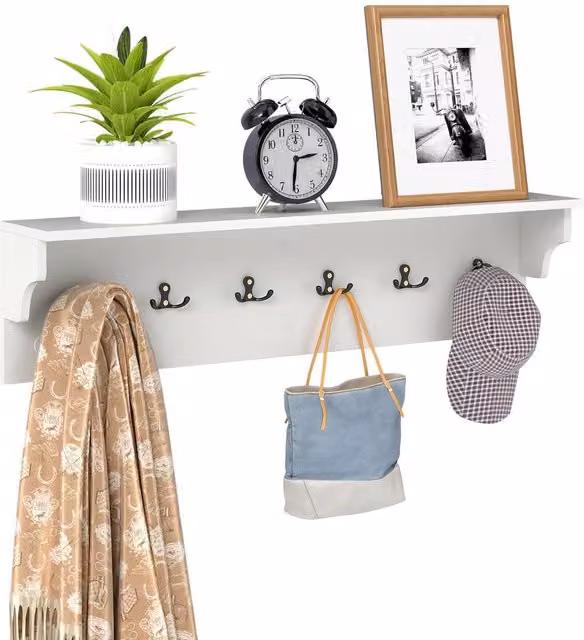 Costway White Wall Floating Coat Rack with 6 Hooks and Hanging Shelf, Width: 80 cm