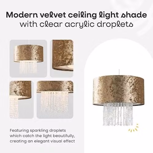 MiniSun Modern Silver Grey Velvet Cylinder Pendant Ceiling Light Shade with Transparent Acrylic Droplets, Shade Width: 33 cm