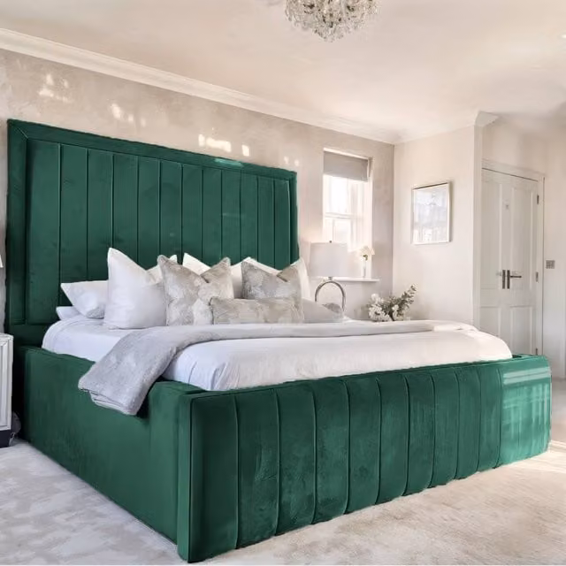 UK Bed Furniture Geneva Upholstered Velvet Bed Frame in Green, W/D/H: 140 x 200 cm – 1