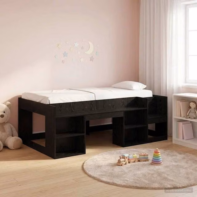 Berkfield Home Kids Bed Frame with Side Compartments and Bedside Shelf in Black Oak, W/D/H: 80 x 200 cm – 1