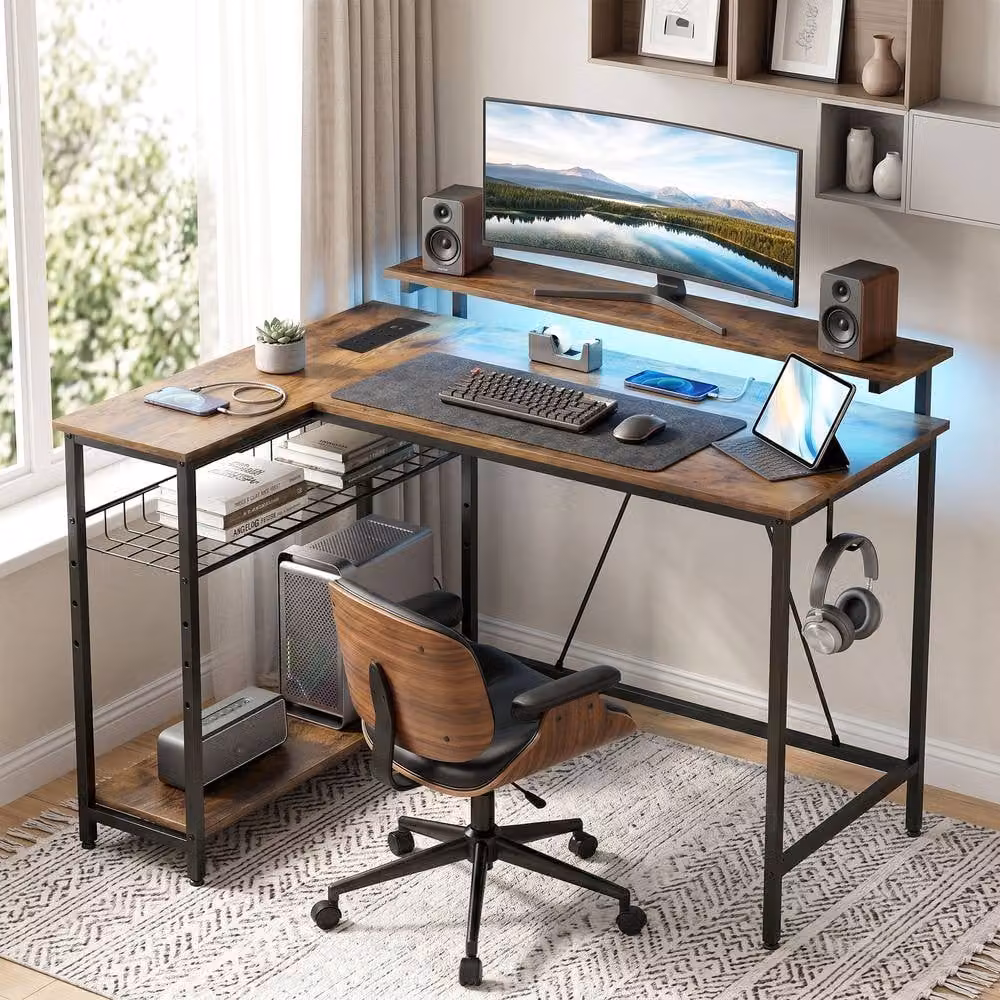 STILVORA Reversible L-Shaped Corner Desk with LED, USB and Storage in Brown – 6