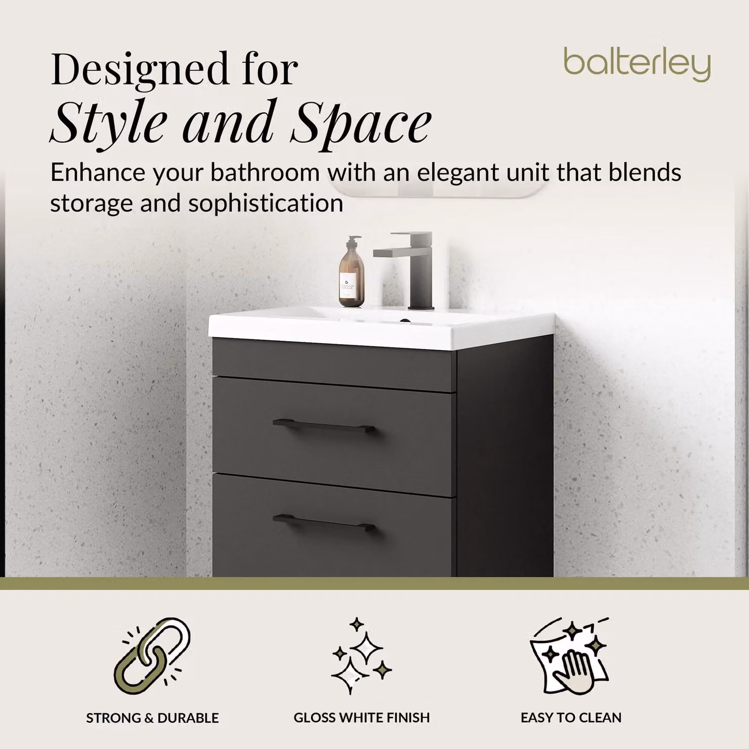 Balterley Modern Glossy 2 Drawer Wall Hung Bathroom Vanity Basin Unit in Grey, Width: 60 cm – 2