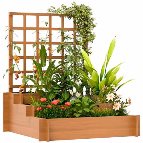 Outsunny 3 Tier Wooden Raised Garden Bed with Trellis for Climbing Plants, Brown