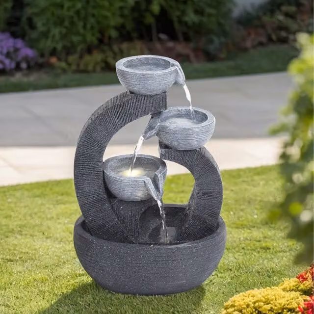 Lifeideas Solar Powered Round Cascading Tabletop Garden Fountain, Grey, Diameter: 26 cm