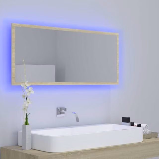 Berkfield Home LED Bathroom Mirror in Sonoma Oak Beige, W: 100 cm, D: 8.5 cm, H: 37 cm