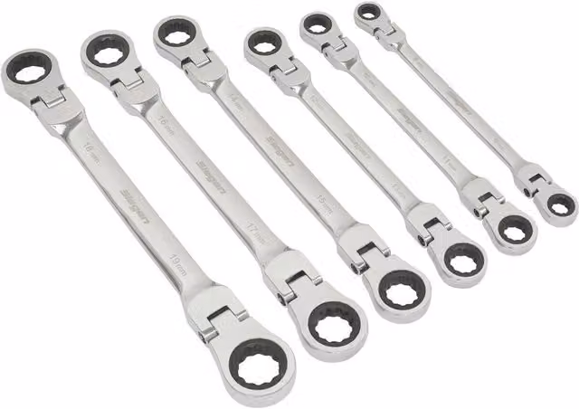 Loops 6-Piece Flexible Head Double Ended Ratchet Ring Spanner Set, 12-Point Metric Wrench in Silver and Multicolour – 1
