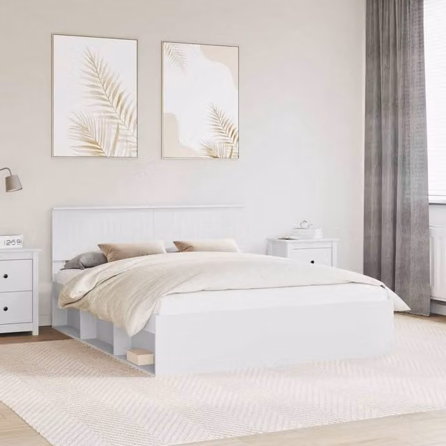 Berkfield Home Modern Bed Frame with Headboard in White Solid Pine Wood, W/D/H: 160 x 200 cm