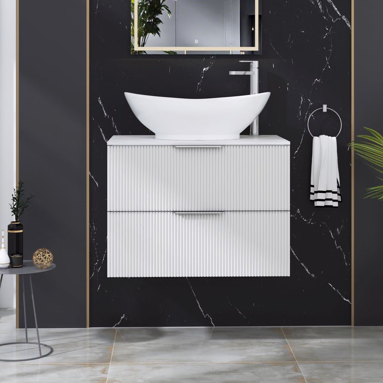 Royal Bathrooms Evora 700mm Matt White Fluted Wall Hung 2 Drawer Vanity Unit with Amaze Basin