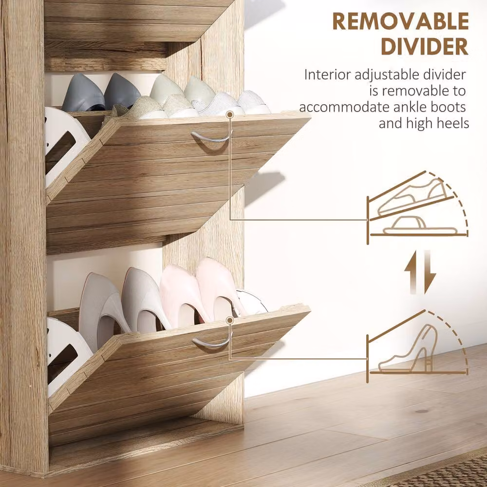 HOMCOM Slim Shoe Storage Cabinet with 3 Tilting Compartments in Light Oak Wood Grain – 5