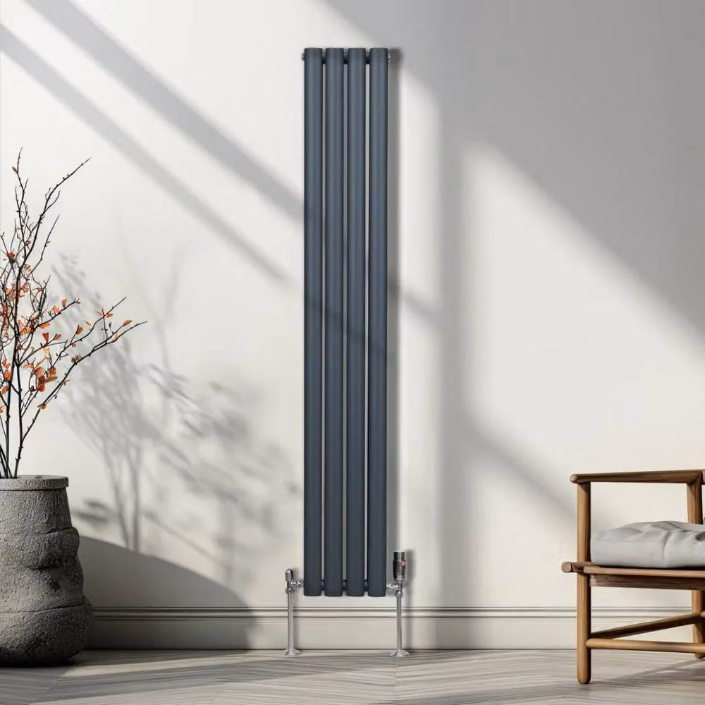 Monstershop Oval Column Radiator and Valves with Thermostat Head, Anthracite Grey, H: 160 cm, W: 24 cm – 4