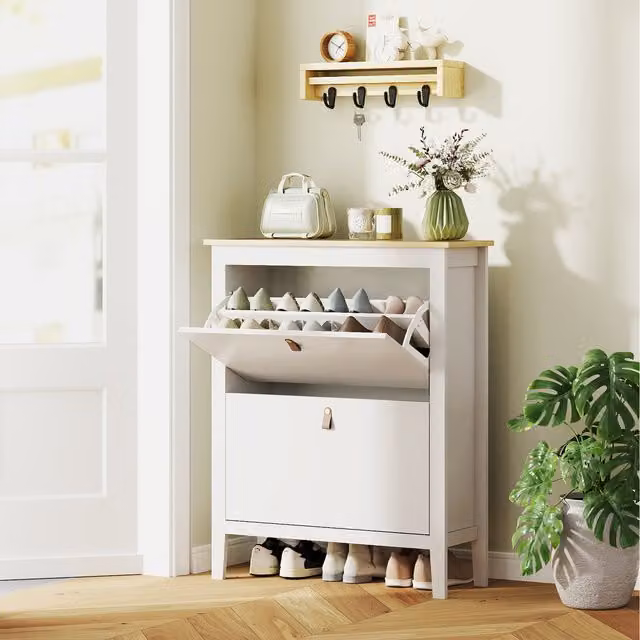 HOMCOM Modern White Shoe Cabinet with Tilting Compartments for Hallway, W: 80 cm, H: 95.5 cm