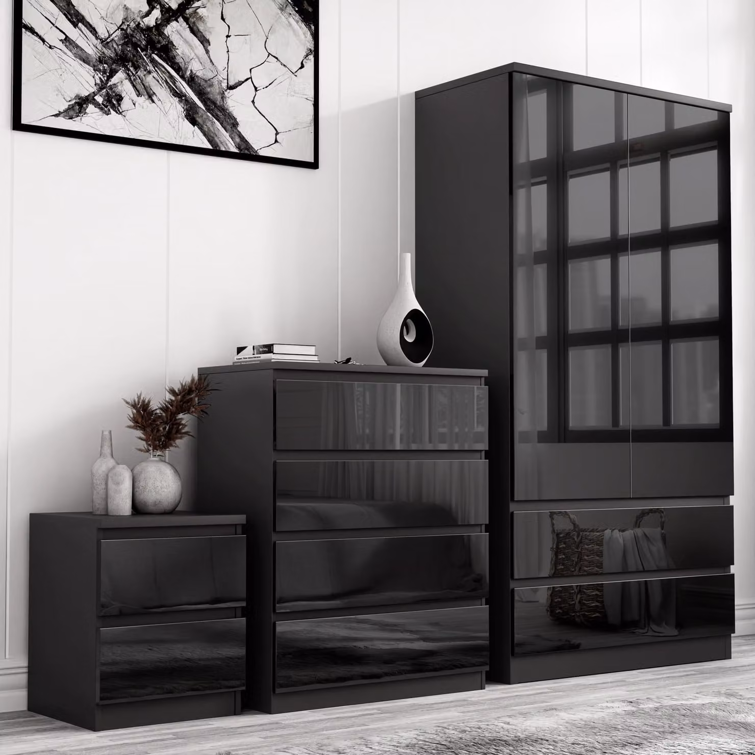 DHS Modern High Gloss 3 Piece Bedroom Furniture Set in Black including Wardrobe, Chest of Drawers and Nightstand