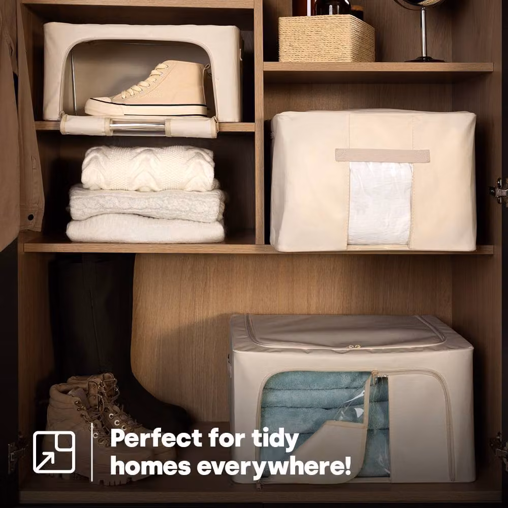 LIVIVO 3 Pack Foldable and Stackable Storage Bags in Beige with Steel Frame and Clear Windows – 2