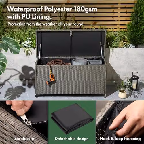 VonHaus Bali Grey Rattan Garden Storage Box, 290L Weatherproof Outdoor Container with Lockable Lid and Waterproof Liner – 3