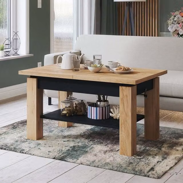 Heze Furniture Astoria 2 in 1 Extending Coffee and Dining Table in Golden Craft Oak and Black