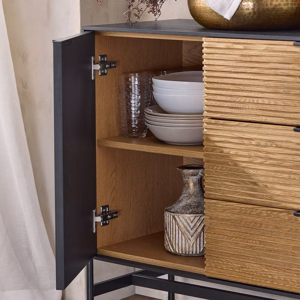 SoBuy Modern Slim Credenza Cabinet with Soft-Close Drawers in Grey, Black and Brown with Metal Frame – 4