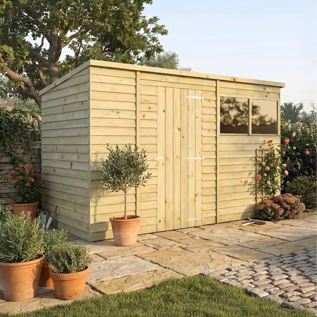 Mercia Brown Wooden Pent Garden Storage Shed with Window and Single Door, W297.4 x D182.88 x H200.7 cm – 1