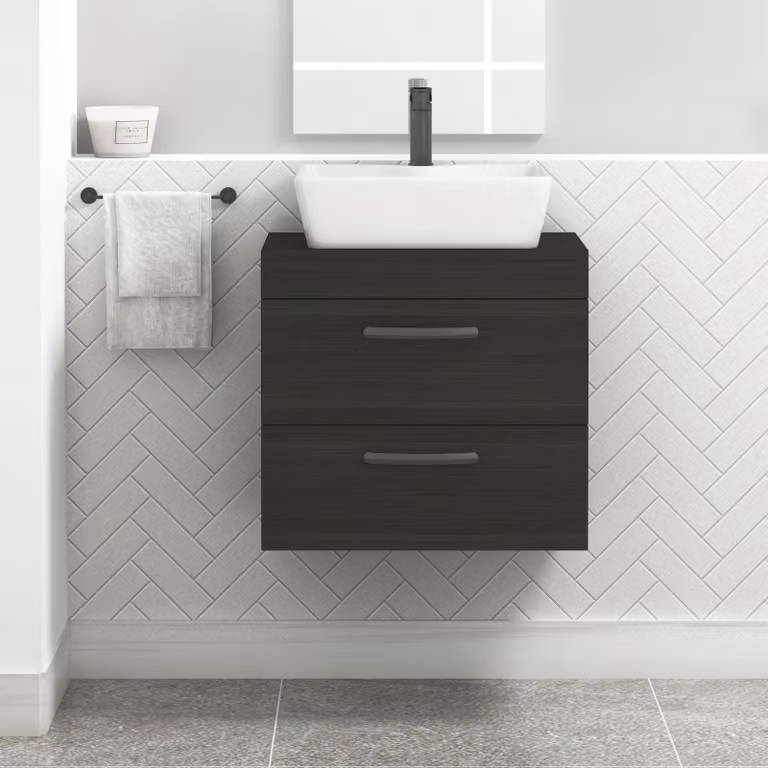 Royal Bathrooms 600mm Wall Hung Vanity Unit with 2 Drawers in Charcoal Oak and Cube Countertop Basin with Matt Black Handles