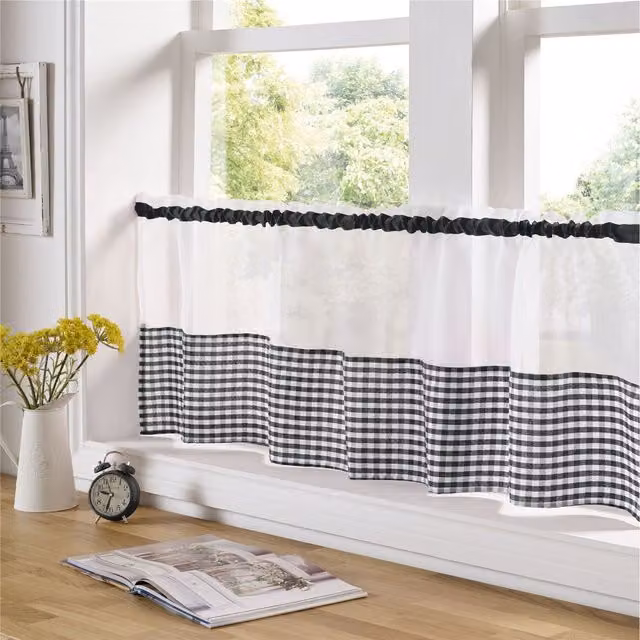 Alan Symonds Black and White Gingham Checked Kitchen Voile Panel, Width: 46 cm
