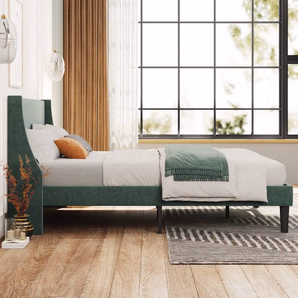 Rolipo Dark Green Velvet Double Bed with Upholstered Frame and Winged Headboard – 4