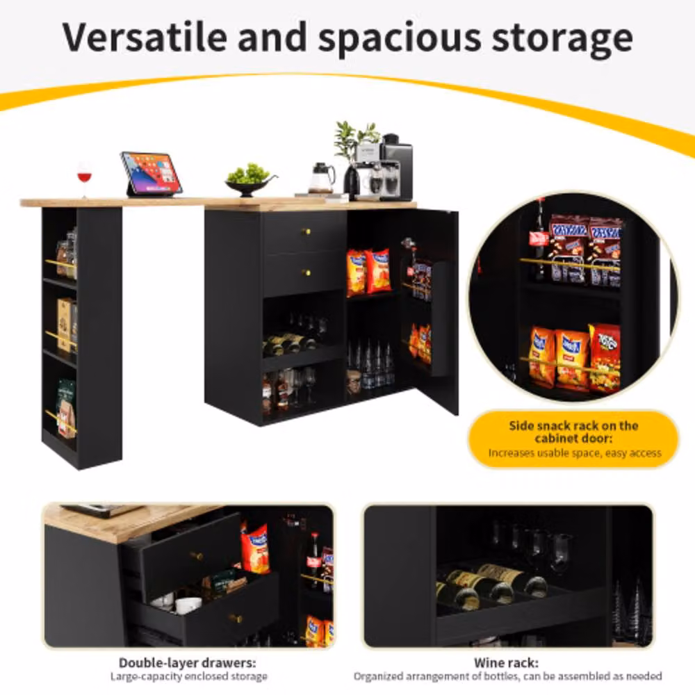 BTM Set of 2 Swivelling Bar Tables with Sliding Cabinet Drawers and Open Storage in Black and Gold, H: 105 cm, W: 39 cm, D: 102 cm – 7
