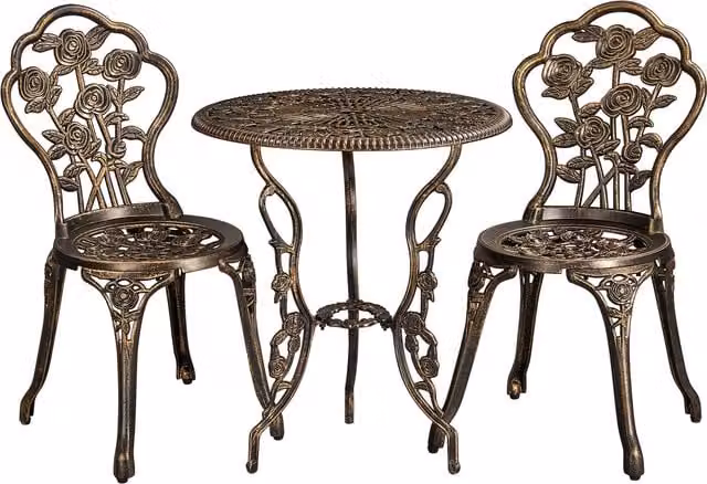 Yaheetech 3 Piece Vintage Bronze Outdoor Bistro Set with Umbrella Hole and Powder Coated Aluminium Round Table
