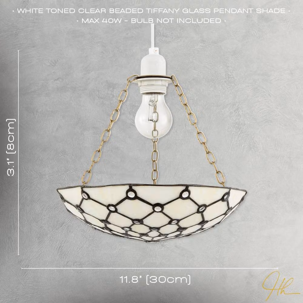 Happy Homewares White and Transparent Beaded Tiffany Glass Dome Pendant Shade with Gold/Brass Finish – 3