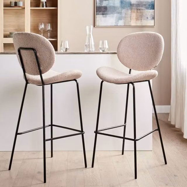 Wyld and Coco Set of 2 Light Beige Boucle Armless Bar Chairs with Metal Legs – 1