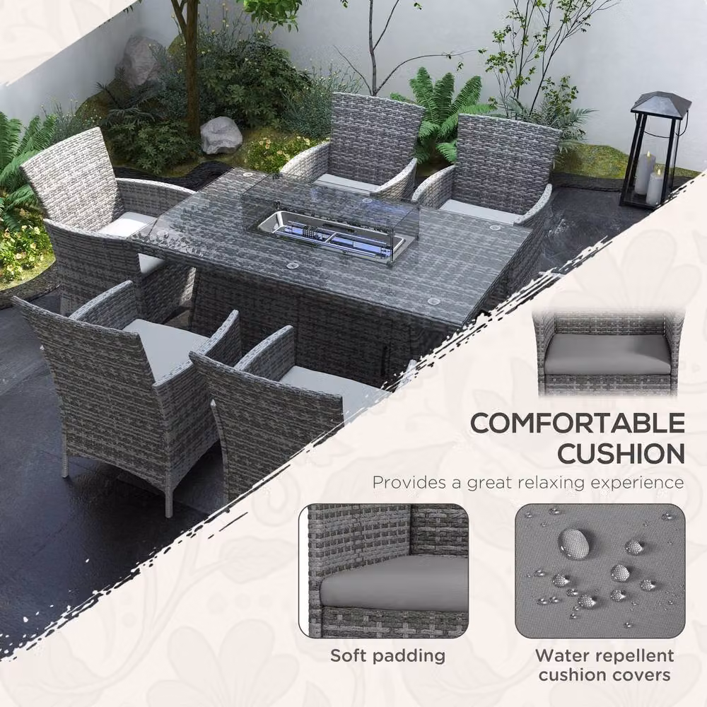 STILVORA 6-Seater Grey Garden Dining Set with Fire Pit, Rattan and Metal Construction – 4