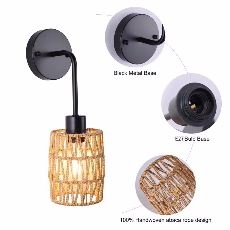 Garwarm Set of 2 Brown Farmhouse Rattan and Metal Dimmable Armed Wall Sconces – 3