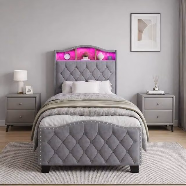 Merax Grey Velvet Upholstered Single Bed with Storage and LED Headboard, W/D/H: 90 x 190 x 124 cm – 1