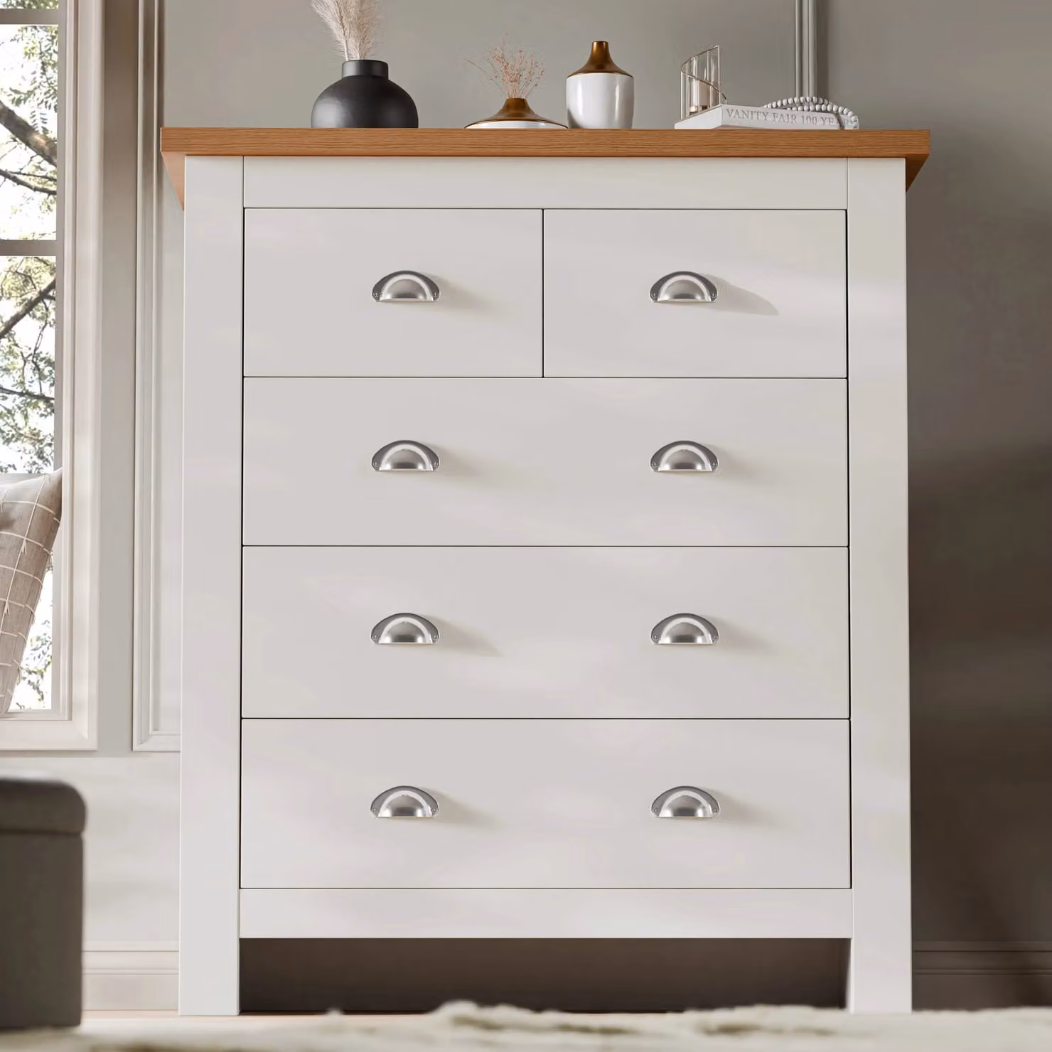 DHS 5 Drawer Shaker Chest of Drawers in White or Grey, H: 102 cm, W: 75 cm, D: 42 cm