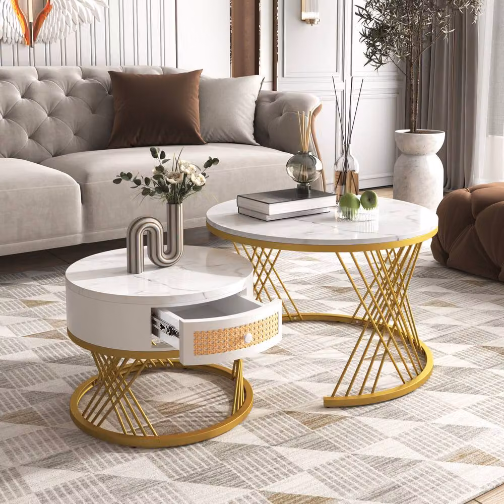 BTM White and Gold Nesting Table Set with Rattan and Metal Legs – 2