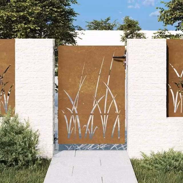 Berkfield Home Garden Gate in Brown Corten Steel with Grass Design, W: 85 cm, H: 150 cm