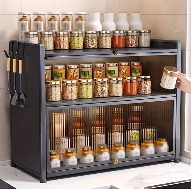 FORGEVIO Two-Layer Spice Cabinet with Flip-Top Drawers in Grey – 1