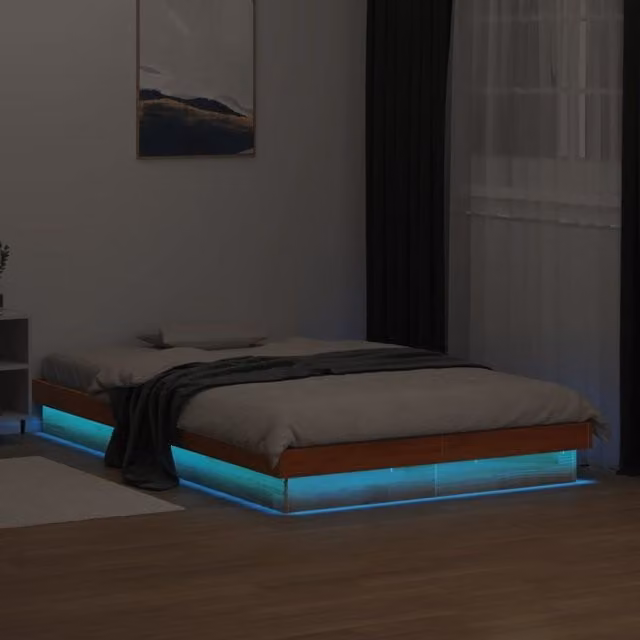 Berkfield Home Solid Wood LED Bed Frame with USB Charging Port, Wax Brown, W/D/H: 120 x 190 cm – 1