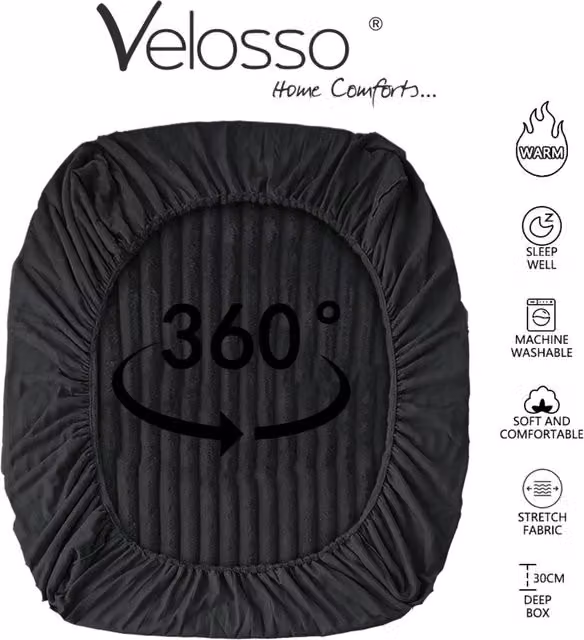Velosso Plush Supersoft Jumbo Cord Ribbed Fitted Sheet, Black, 140 x 200 cm
