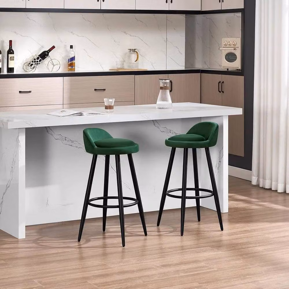 FLAVORA Set of 2 Modern Dark Green Velvet Tall Bar Stools with Backrest and Metal Legs – 5