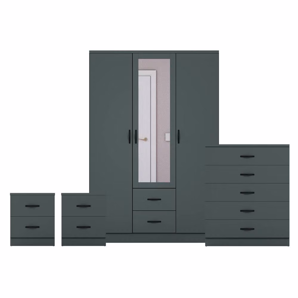 Vida Designs 4 Piece Modern Green Bedroom Set Including 2 Bedside Tables, 4 Drawer Chest and 3 Door Mirror Wardrobe – 2