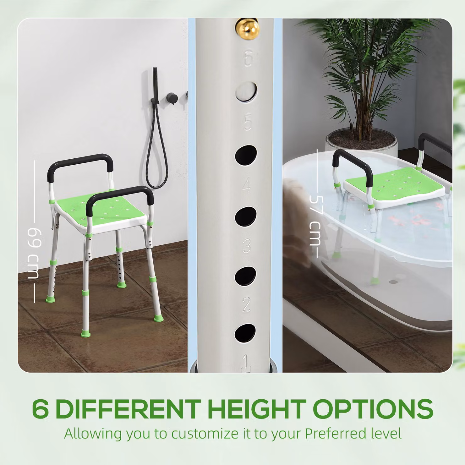HOMCOM Adjustable Height Aluminium Bath Chair in Green – 3