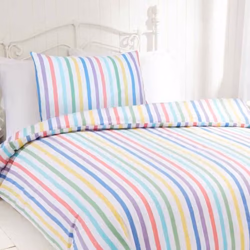 Rapport Home Candy Stripe Flannel Cotton Duvet Cover and Pillowcase Set, Multicolour and White Striped, W/D/H: 135 x 200 cm and 50 x 75 cm