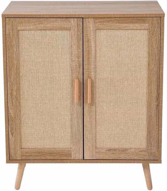 KORVIXA Mid-Century 2 Door Buffet Storage Cabinet in Brown with Rattan Details, W/D/H: 75 x 40 x 89 cm