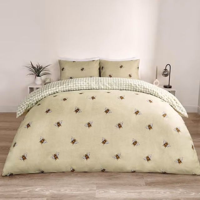 OHS Reversible Bee Striped Duvet Cover and Pillowcase Set, Green, 140 x 200 cm