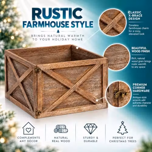 Shatchi Foldable Wooden Christmas Tree Skirt Box in Brown and White, W/D/H: 45 x 43 x 25 cm – 4