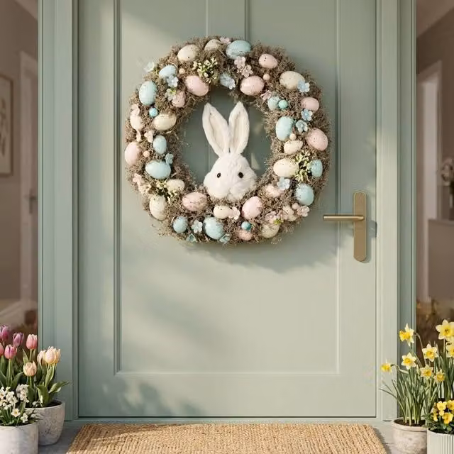Garden Greatness Easter Wreath with Pastel Eggs and White Rabbit in White and Multicolour, Diameter: 45 cm