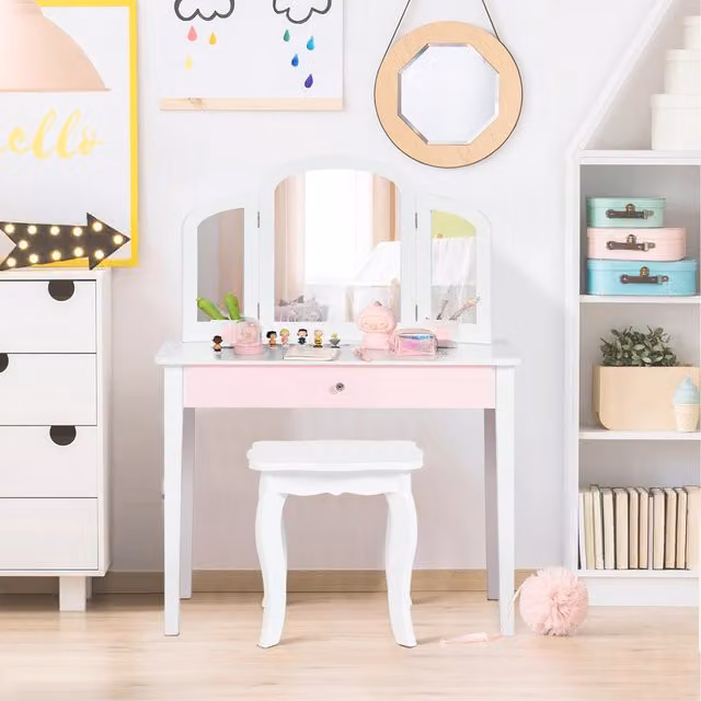 Costway Kids Dressing Table and Stool Set in White Wood
